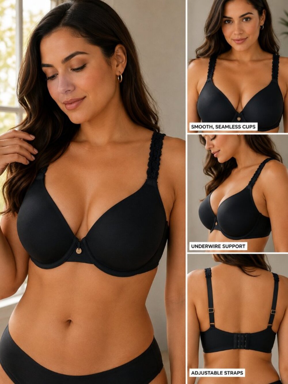 Natori 34DDD Black Plunge Underwire Bra Lace Strap Smooth Cups